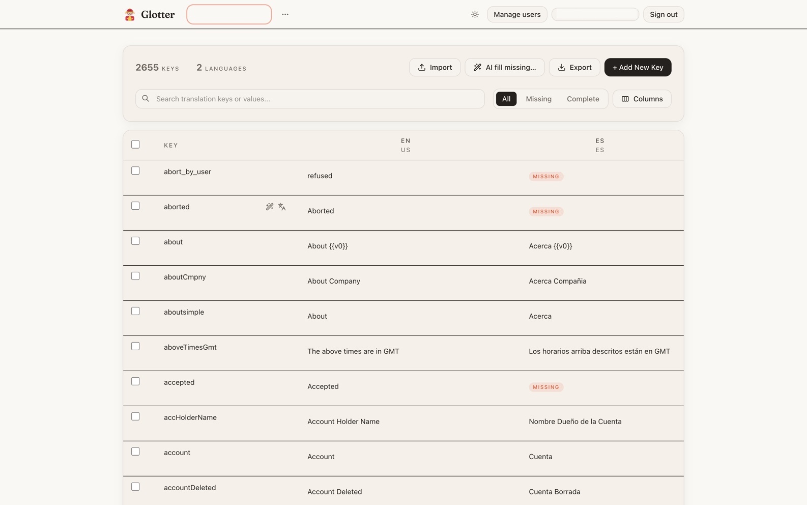 The Glotter editor showing translation keys edited side by side across English and Spanish